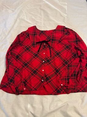 Old Navy Red and Black Plaid Button-Front Blouse with Bow Collar